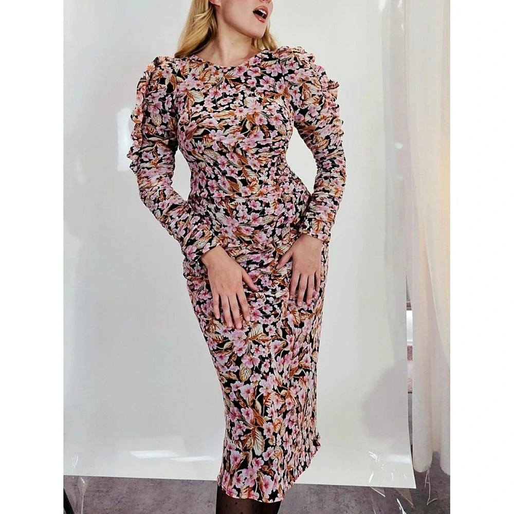 zara ruched floral dress Zara Floral Ruched Midi Dress Size S Puff long Sleeve Blogger Favorite  Cocktail